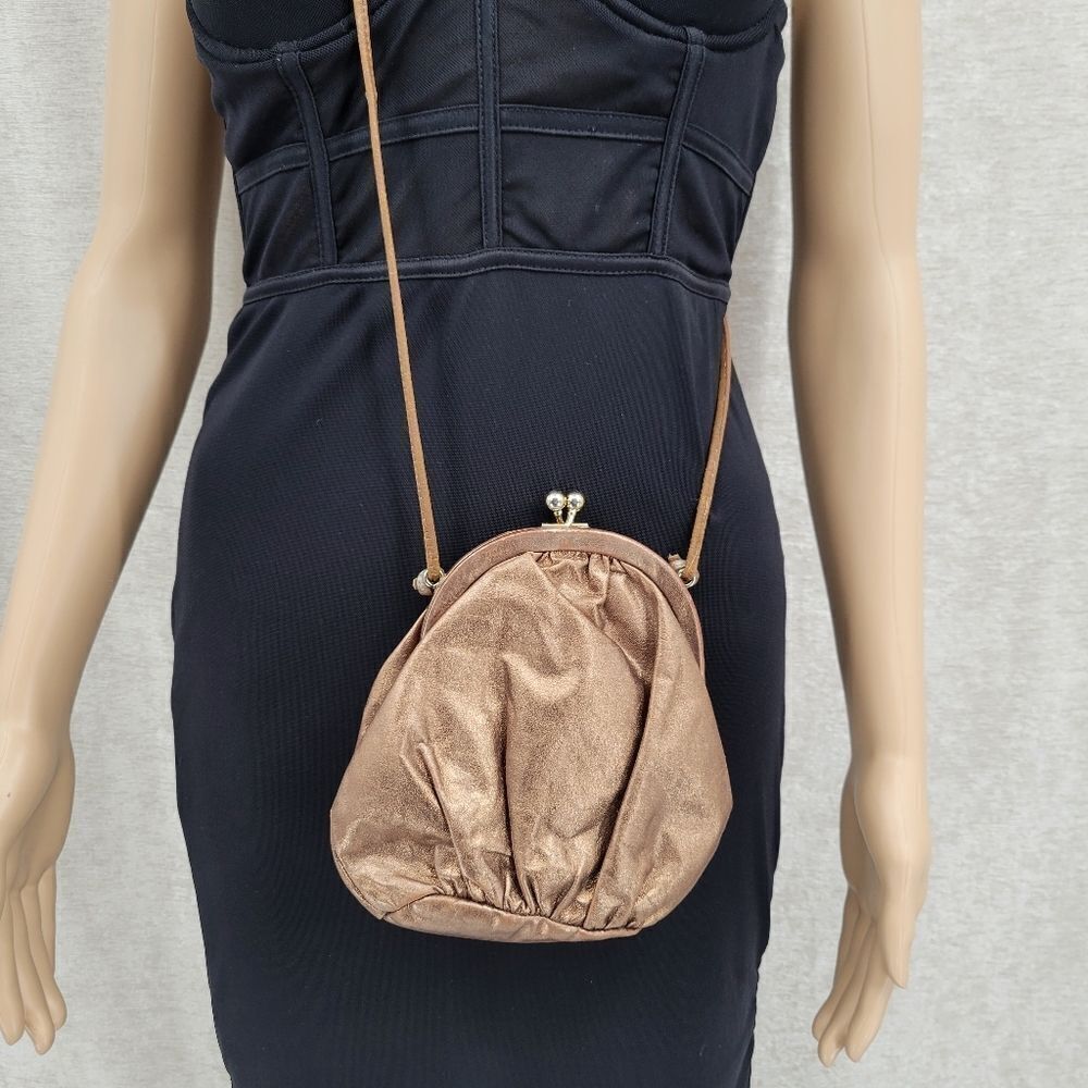 Karen Vintage 80s Mini Crossbody Bag Bronze Leather Glam Kiss Lock Bag